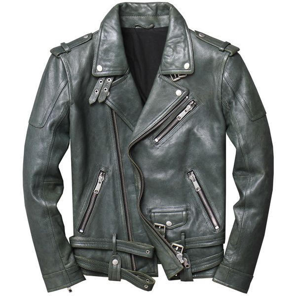 

men's leather & faux 2021 green men american motorcycle jacket plus size xxxxl genuine sheepskin spring slim fit biker's coat, Black