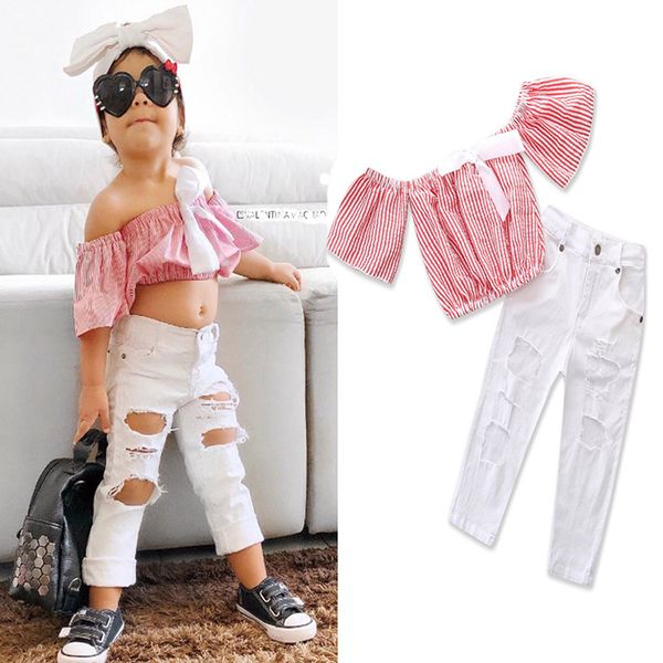 

fashion casual toddler kid girls clothing off shoulder +hole denim pants jeans outfits set clothes t200707, White