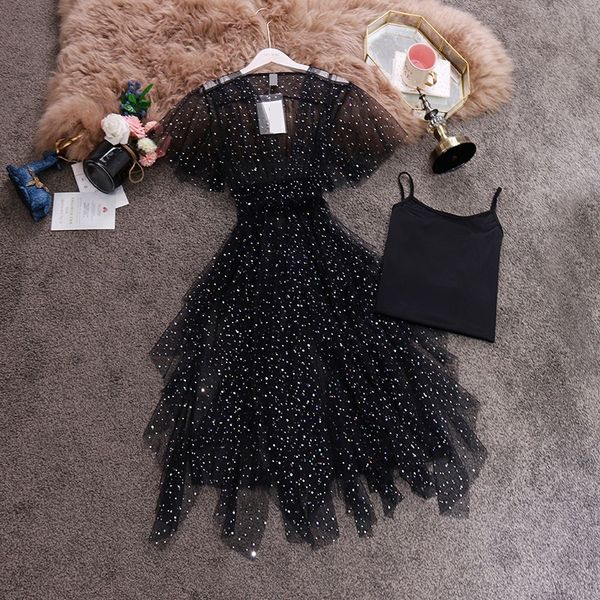 

hisuma summer new women's deep v-neck sequined ruffles short sleeve mesh dress female bling two piece set irregular dresses, Black;gray