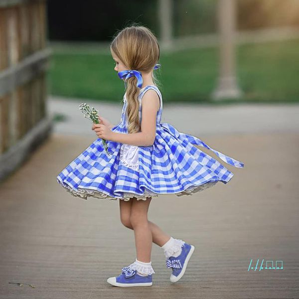 

летние платья для девочек 2020 baby girl белый синий плед сетка печатных опрятный стиль кружева принцесса платья дети детская одежда 80-120, Red;yellow