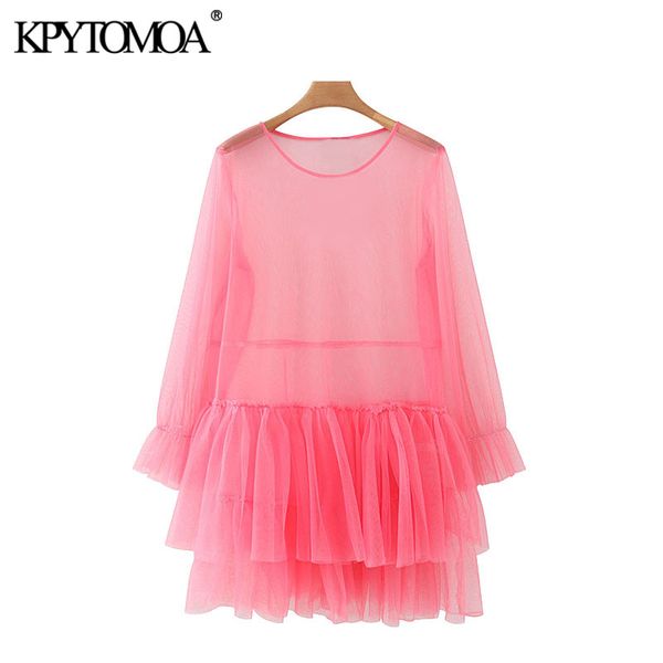 

kpytomoa women 2020 fashion transparent ruffled mesh mini dress vintage o neck long sleeve female dresses vestidos, Black;gray