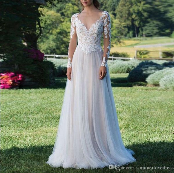 

2019 sheer long sleeves lace a line bohemia wedding dresses tulle applique backless floor length summer beach wedding bridal gowns, White