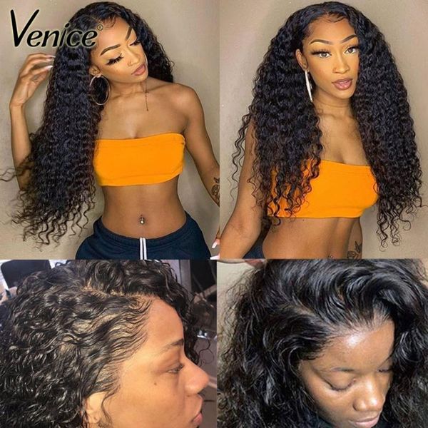 

venice hair 370 lace frontal wig with baby hair 13x6 lace front human wigs for black women curly remy fake scalp wig, Black;brown