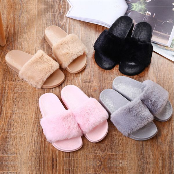 

women spring autumn solid color fur flat slippers pvc material indoor and outdoor women slippers casual socofy plush, Black