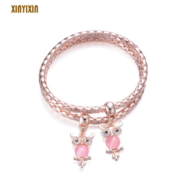 

fashion owl pendant popcorn chain bracelet for women cute rose gold opal crystal owl elastic chain bracelet 2019 fashion jewelry, Golden;silver