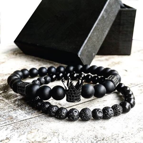 

mcllroy natural stone bracelets bangles 2pc/set crown charm natural beads bracelet for women and mens bileklik men jewelry gift, Black