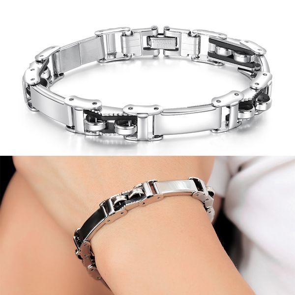 

new stainless steel silica gel watchband bracelet punk cuba bracelet wristband cuff bangle charm bracelets men link chain jewelry gifts, Black