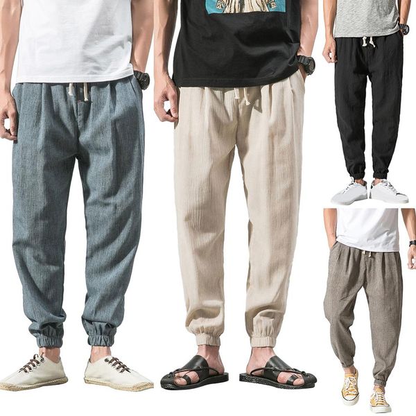 

casual harem pants men japanese cotton and linen thin lanterns, Black