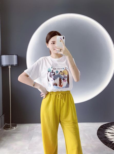 

2019 summer women two piece outfits women tracksuit print short sleeve t-shirt+yellow high waist wide-leg pants women clothes, White