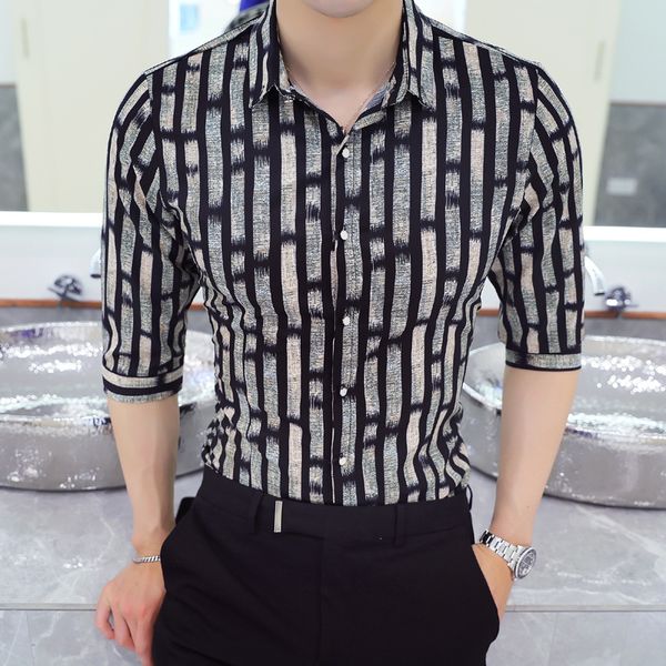

summer men shirt half sleeve streetwear striped print shirt dress slim fit casual business formal wear tuxedo 5xl, White;black