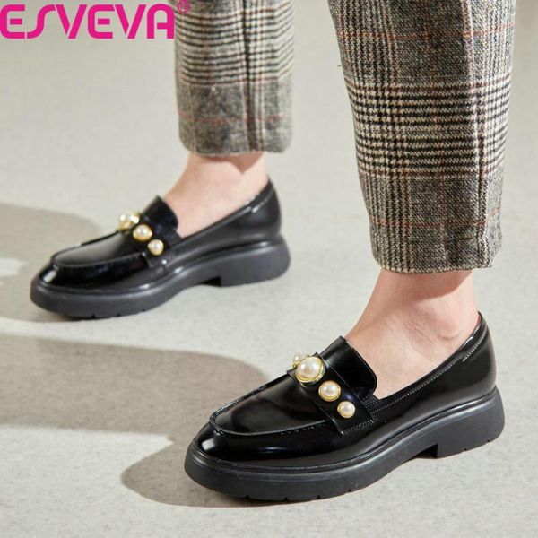 

esveva 2020 pu leather casual round toe slip on ladies single shoes spring autumn square heel string bead women pumps size 34-39, Black