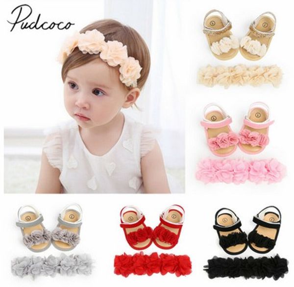 

2020 baby summer clothing newborn kid baby girl flower sandals shoes soft sole hook casual summer shoes +headband 2pcs solid set, Black
