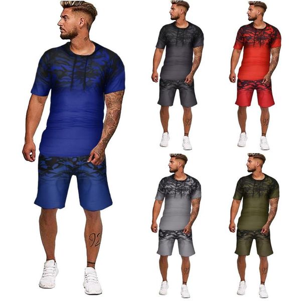 

mens summer home gradient color collision short sleeve shorts sports thin sets, Gray