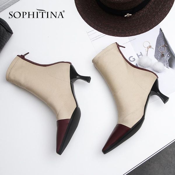 

winter new women boots squaretoe thin heels high zipper stretch fabric slip-on shoes cow leather patchwork boots so311, Black