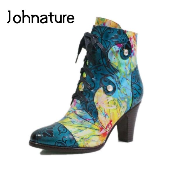 

johnature hand-painted genuine leather ankle boots women shoes pointed toe square heel 2020 new winter cross-tied women boots t200425, Black
