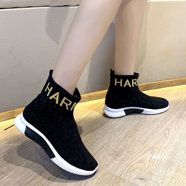 

2020 women's new socks shoes women's breathable mesh sports short tube high to help stretch boots flat boots women shoes, Black