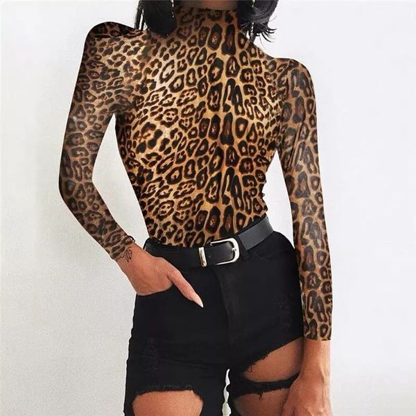 

high waist leopard print slim slimming t-shirt half high collar long sleeve bottoming shirt onesies, Black;white