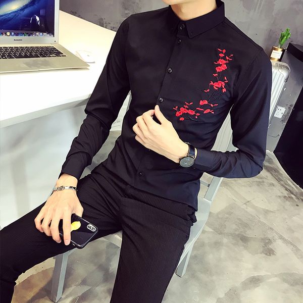 

2019 brand men casual long sleeved embroidery flower shirts men clothing slim fit male social dress shirt camisas para hombre, White;black