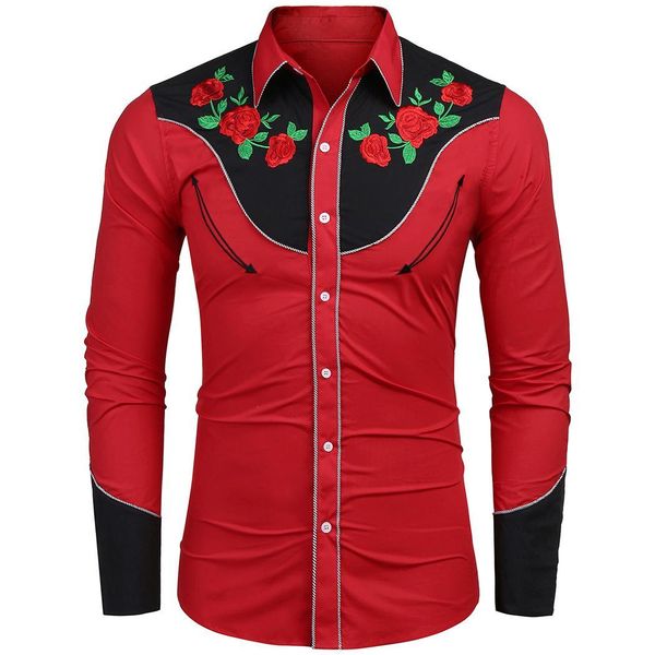 

men casual long sleeve turn-down collar shirt fashion button embroidery western shirts spring autumn shirt male 2019, White;black