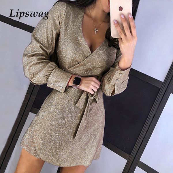 

bright silk shiny bodycon dresses women spring autumn long sleeve belted party dress elegant glitter ladies dress vestidos, Black;gray