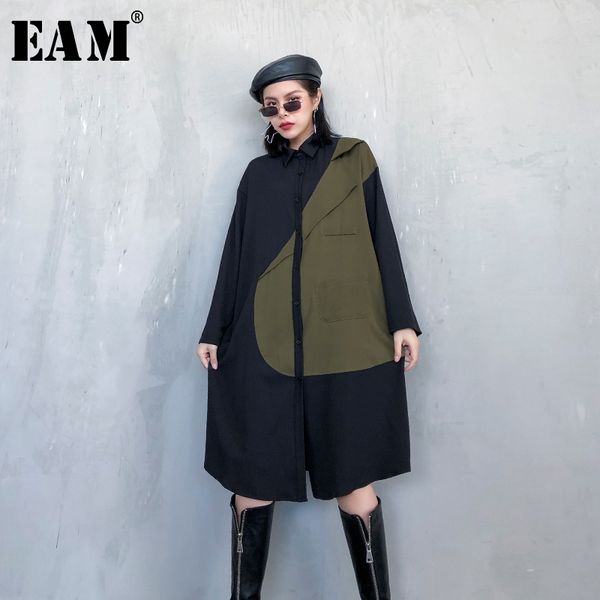 

eam] женщины зеленый контрастный цвет большой размер рубашки платье новый лацкан с длинным рукавом свободный покрой мода прилив весна осень, Black;gray