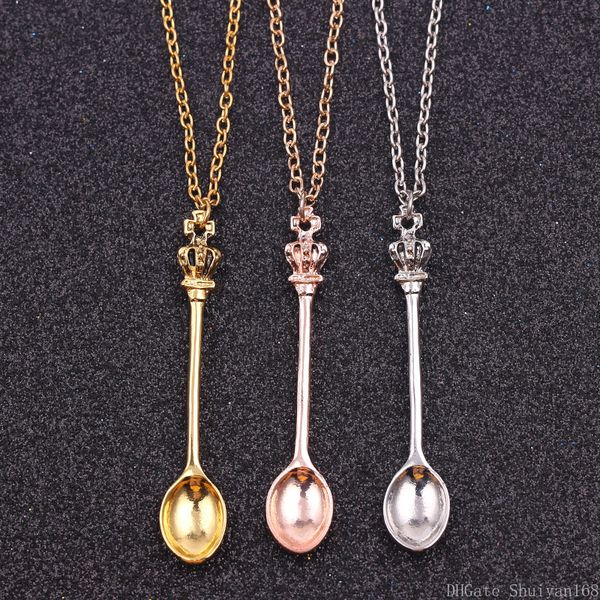 

vintage mini crown spoon shape pendant necklaces charm statement necklace for men women rose gold silver color chain jewelry christmas gift