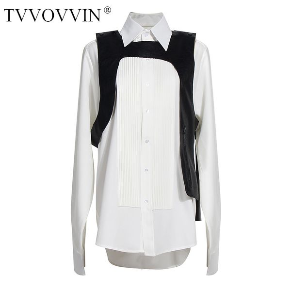 

tvvovvin 2020 new two-pieces blouse+vest long-sleeve single-breasted solid casual loose patchwork fashion solid pleated a448, White
