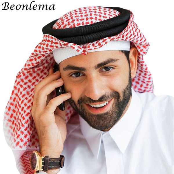 

beonlema arabic hat arab turban islam cap plaid fashion headscarf muslim headdress men hijab musulman traditional cotton bonnect, Red