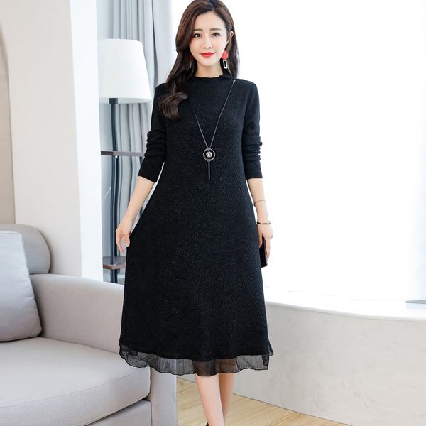 

2019 spring new style middle-aged large size dress large girl's slim fit mid-length over-the-knee slimming long-sleeved dress wo, Red