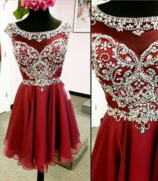

luxury crystal burgundy short homecoming prom dress chiffon real p sheer neck cap with sleeves party graduation cocktail dresses, Blue;pink