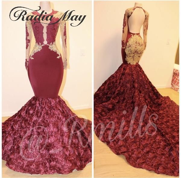 

2019 бургундские и золотые выпускные платья с длинными рукавами русалка backless 3d цветы черные девушки выпускные платья африканские вечерн, White;black