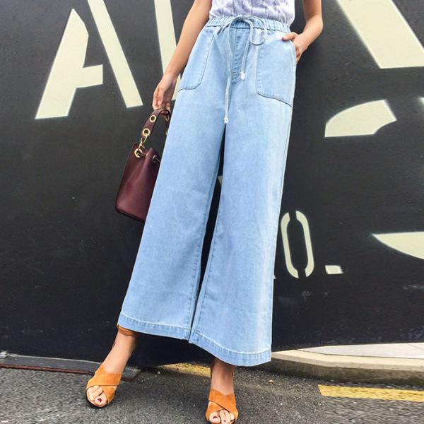 

elastic high waist wide leg loose straight 9/10 length denim capri pants cropped jeans for women s  l xl, Blue