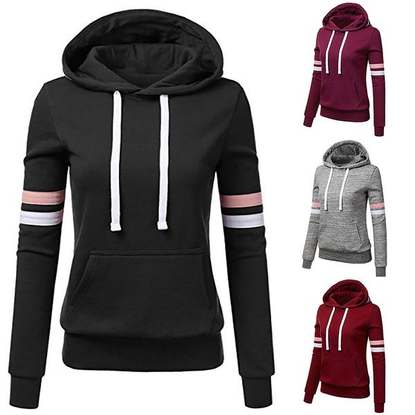 

women's hoodies & sweatshirts woman hoodie ladies women stripe long sleeve blouse hooded pocket pullover shirt, Black