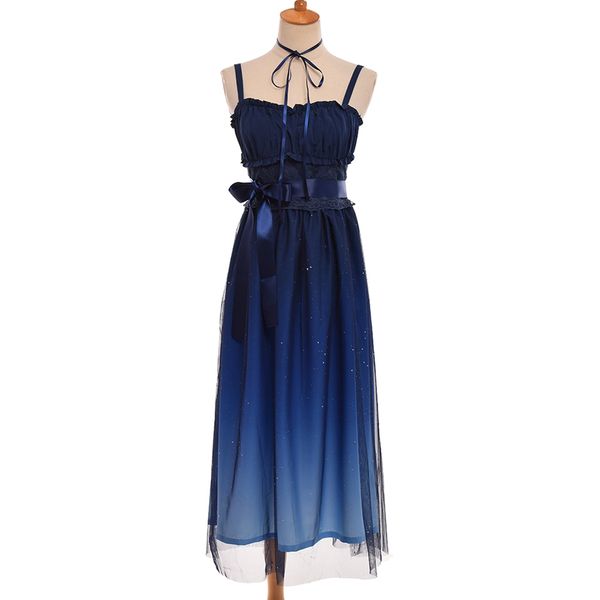 

sweet fairy lolita dress summer navy blue starry gradient color jsk suspender mesh cute dresses, Black;gray