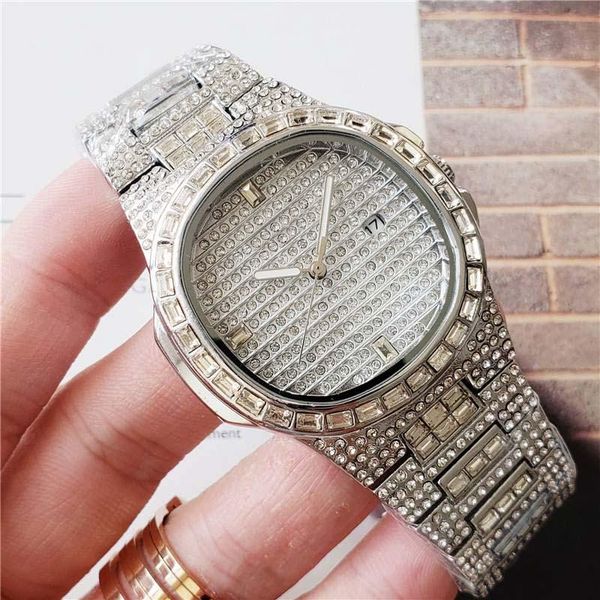 

wholesale fashion mens women luxury watch full diamond iced out watches designer quartz movement bling gift party wristwatch brand style, Slivery;brown