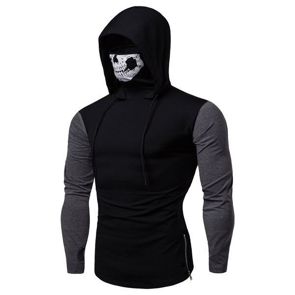 

streetwear hoodie mens mask skull splicing pullover long sleeve hooded sweatshirt blouse autumn winter fashion, Black