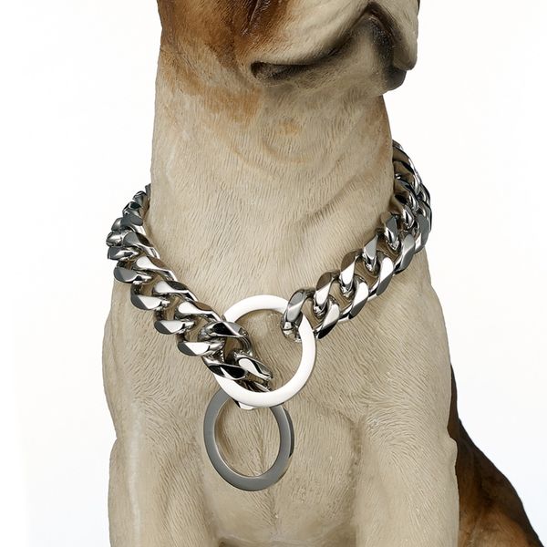 

large gold dog collar,15mm stainless steel strong firm dog training choke cuban link miami chain pet training necklace, Silver