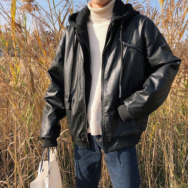 

2019 new japanese cotton simple winter korean of the fake two men's hooded leather loose version casual jacket, Black;brown