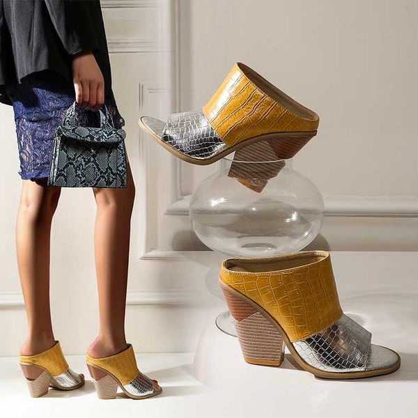 

fashion black yellow crocodile prints square high heels women summer outdoor mules slippers female peep toe party shoes