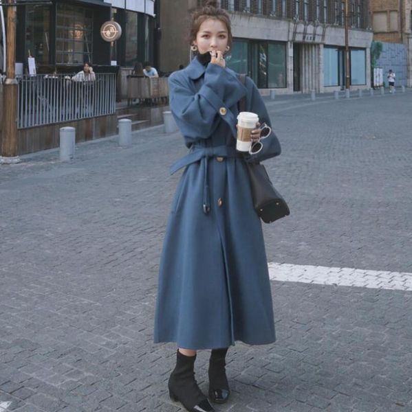 

over knee long blue woolen coat women autumn winter new korean loose thick solid woolen coat elegant blended women, Black