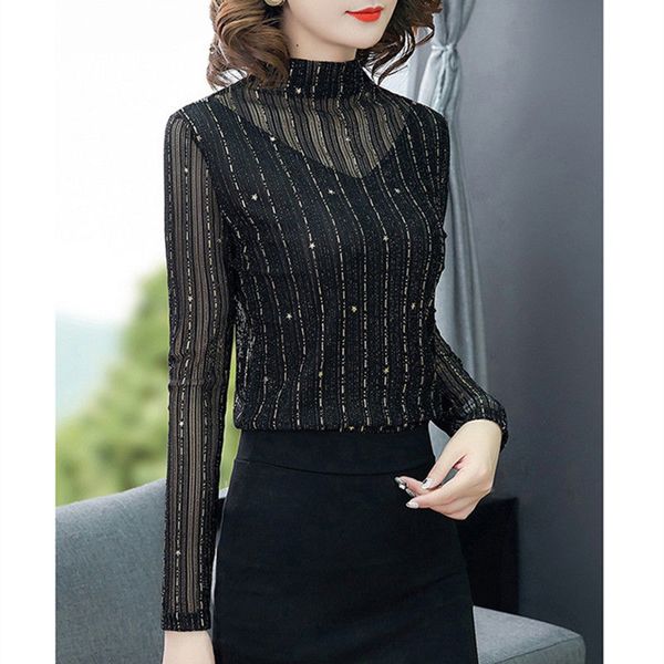 

women's blouses & shirts hollow out women spring autumn style lace lady casual turtleneck long sleeve black blusas dd8089, White