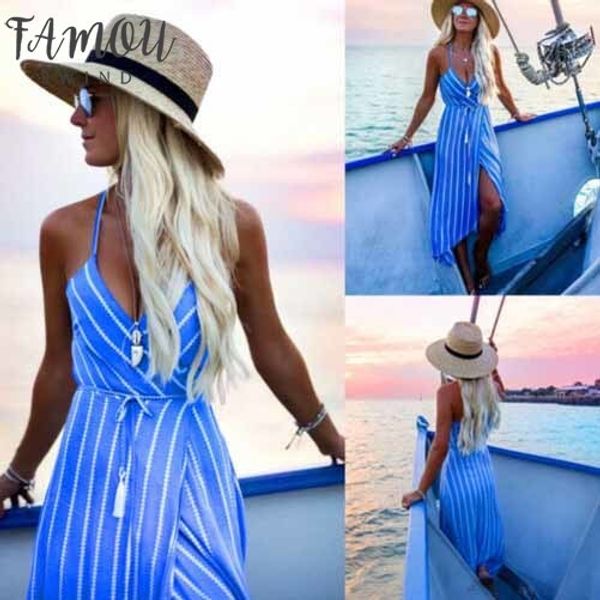 

2020 boho women sleeveless stripe shirt dress split beach casual midi maxi dress v-neck beach sundress, Black;gray