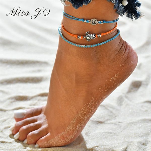 

miss jq 3pcs/set vintage bohemian multiple layers turtle ankle bracelet for women boho yoga foot beach jewelry enkelbandje, Red;blue