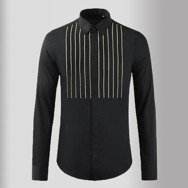 

minglu mens shirts luxury gold stripe long sleeve casual mens dress shirts slim fit chain embroidery male, White;black