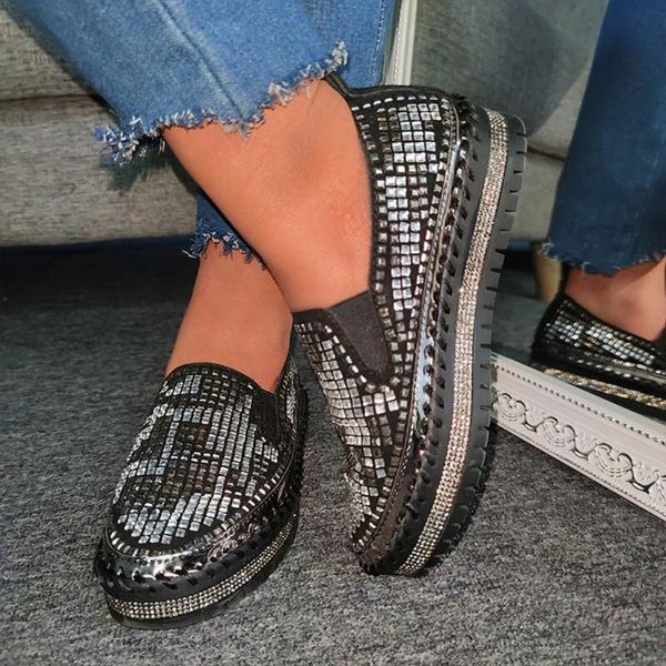 

women shoes fashion summer flat heel comfort crystal rhinestone glitter slip on platform loafers soft shoes plus size c140#, Black