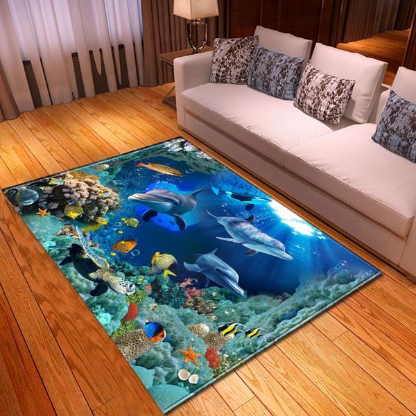

3d aquarium dolphin parlor rug children play crawling mat flannel home decor bedroom area rug large living room carpet