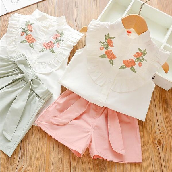 

2020 new girls summer clothing sets children fashion party clothes kids cotton print +shorts 2 pcs outfits for baby 2-6y, White