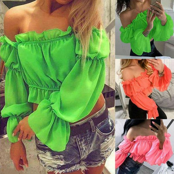 

new style women t-shirts holiday off shoulder ladies summer casual ruffles solid long sleeve short casual fashion 2019, White