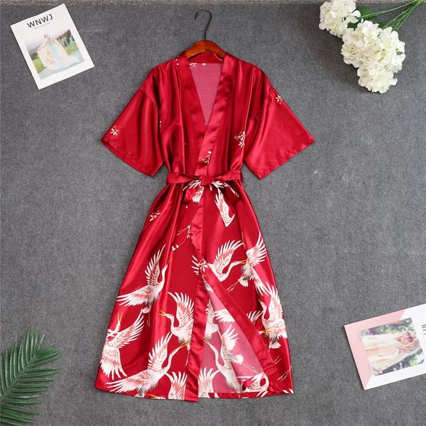 

women nightwear rayon robe printed animals home clothes intimate lingerie casual kimono bath gown lady night dress, Black;red
