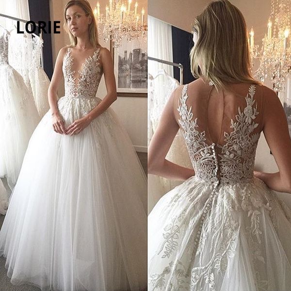 

simple designed white ivory wedding dresses elegant lace appliques ruched tulle long bridal gowns illusion neck button covered back